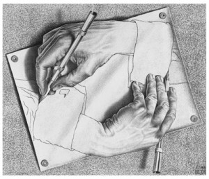 Мауриц Корнелис Эшер. Рисующие руки. 1948. Литография. 28,5 х 34 см